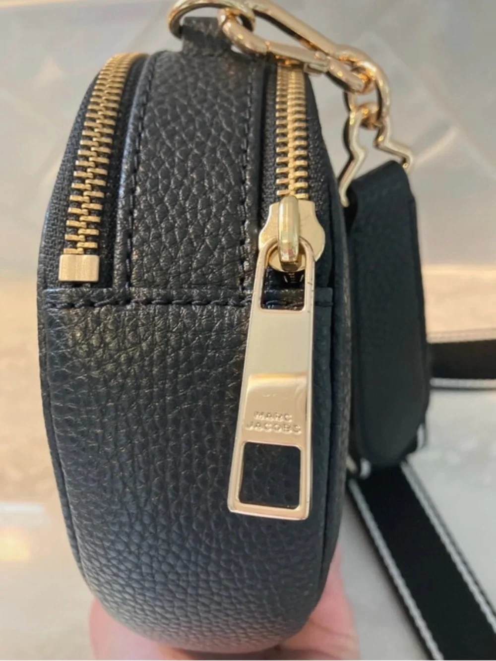 Marc Jacobs Black Pebbled Leather Oval Crossbody with Striped Strap - Picture 8 of 15